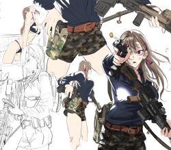 Rule 34 | absurdres, belt, bikini, brown hair, camouflage, camouflage shorts, close-up, earrings, gun, hair ornament, hairclip, handgun, highres, holding, holding gun, holding weapon, holster, holstered, jewelry, long hair, mole, mole under mouth, original, rifle, shorts, swimsuit, utsuda, weapon