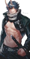 Rule 34 | 1boy, abs, belt, black hair, black pants, blue hair, clenched hand, curled horns, demon boy, hair between eyes, high collar, highres, horns, iroai midodo, jacket, leather, leather jacket, looking at viewer, male focus, multicolored hair, multiple belts, muscular, muscular male, open clothes, original, pants, pectorals, skin-covered horns, sword, weapon, white hair, yellow eyes