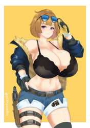 Rule 34 | 1girl, adjusting eyewear, adjusting sunglasses, alternate breast size, artist name, belt, belt buckle, black bra, bra, breasts, brown hair, buckle, cle, cleavage, collarbone, eyewear on head, fur-trimmed jacket, fur trim, girls&#039; frontline, gloves, grizzly mkv (girls&#039; frontline), hand on own hip, highres, hip bones, holster, holstered, huge breasts, jacket, jacket partially removed, lace, lace-trimmed bra, lace trim, navel, on head, puffywaffles, purple eyes, short hair, snap-fit buckle, solo, sunglasses, thigh holster, thigh strap, two-tone background, underwear, yellow background