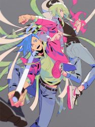 Rule 34 | 2boys, belt, blue eyes, blue hair, casual, chenalii, clenched hand, denim, fire, fist pump, galo thymos, highres, hood, hoodie, jacket, jeans, lio fotia, locked arms, looking at viewer, male focus, matoi, multiple boys, open mouth, pants, promare, purple eyes, shoes, short hair, smile, sneakers, spiked hair