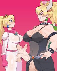 Rule 34 | 2girls, absurdres, armlet, biker peach, blonde hair, blue eyes, blush, bodysuit, bowsette, bracelet, breasts, cleavage, cock ring, collar, covered navel, crown, diforland, earrings, erection, fingernails, futanari, gloves, grin, height difference, highres, horns, huge penis, jewelry, large breasts, large penis, long hair, looking at another, mario (series), multiple girls, new super mario bros. u deluxe, nintendo, penis, penis size difference, pink gloves, ponytail, princess peach, red background, red nails, sex toy, sharp fingernails, simple background, smile, sphere earrings, spiked armlet, spiked bracelet, spiked cock ring, spiked collar, spikes, super crown, testicles, the super mario bros. movie, turtle shell, uncensored, veins, veiny penis