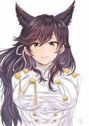 Rule 34 | 1girl, animal ears, atago (azur lane), azur lane, black hair, blush, breasts, brown eyes, buttons, closed mouth, double-breasted, extra ears, hair between eyes, hair ribbon, jacket, large breasts, long hair, looking at viewer, medal, military, military uniform, mole, mole under eye, ribbon, shounan no tamasu, sidelocks, simple background, smile, solo, swept bangs, uniform, upper body, white background, white jacket, white ribbon