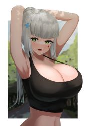 Rule 34 | 1girl, armpits, arms behind head, arms up, blunt bangs, breasts, cleavage, facial mark, girls&#039; frontline, green eyes, hair ornament, highres, hk416 (girls&#039; frontline), huge breasts, large breasts, long hair, looking at viewer, navel, open mouth, organ3432, outdoors, outside border, ponytail, shade, sidelocks, smile, solo, sports bra, strap gap, teardrop, teardrop facial mark, teardrop tattoo, upper body, white hair, x hair ornament