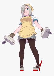 Rule 34 | 1girl, apron, bad id, bad twitter id, bandana, black pantyhose, blue eyes, brown gloves, dual wielding, frilled apron, frills, from below, full body, gloves, grey background, grey skirt, hair ornament, hair over one eye, hairclip, hamakaze (kancolle), holding, kantai collection, mixer (cooking), ojipon, pantyhose, pleated skirt, school uniform, serafuku, short hair, silver hair, simple background, skirt, solo, standing, yellow apron