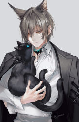 Rule 34 | 1boy, animal ear fluff, animal ears, arknights, black cat, black jacket, blue eyes, brown hair, cat, cat boy, cat ears, closed mouth, collar, collared shirt, grey background, highres, jacket, jacket on shoulders, long sleeves, looking at another, male focus, material growth, multiple tails, oripathy lesion (arknights), phantom (arknights), pottsness, shirt, simple background, smile, tail, twitter username, two tails, upper body, white shirt, yellow eyes