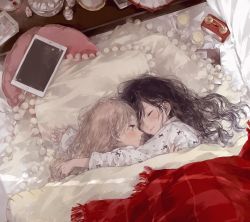 Rule 34 | 2girls, black hair, blonde hair, blush, closed eyes, face-to-face, highres, hug, indoors, ipad, kakmxxxny06, long hair, lying, multiple girls, on side, original, pillow, shirt, smile, tablet pc, under covers, white shirt