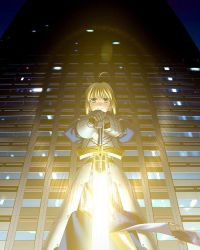 Rule 34 | 1girl, ahoge, armor, armored dress, artoria pendragon (fate), blonde hair, building, dress, excalibur (fate/stay night), fate/hollow ataraxia, fate/stay night, fate (series), faulds, game cg, gauntlets, glowing, glowing sword, glowing weapon, green eyes, night, ponytail, saber (fate), scan, solo, sword, takeuchi takashi, type-moon, weapon