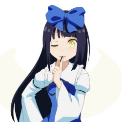Rule 34 | 1girl, ;), anime coloring, black hair, blue bow, blue dress, bow, cato (monocatienus), commentary request, dress, finger to mouth, food, food in mouth, frilled shirt collar, frills, hair bow, hand on own hip, juliet sleeves, long hair, long sleeves, one eye closed, parted lips, pocky, pocky day, puffy sleeves, simple background, smile, solo, star sapphire, touhou, upper body, white background, white sleeves, wide sleeves, yellow eyes