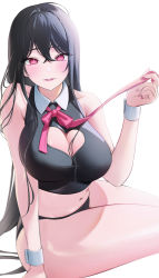 Rule 34 | 1girl, absurdres, bare shoulders, black hair, bow, bowtie, breasts, cleavage, cleavage cutout, clothing cutout, collar, crop top, highres, large breasts, lichiko, long hair, looking at viewer, navel, original, panties, pink eyes, sitting, sleeve cuffs, solo, thick thighs, thighs, underwear