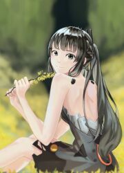Rule 34 | 1girl, absurdres, backless dress, backless outfit, bare arms, bare shoulders, black dress, bob cut, braid, branch, closed mouth, dress, french braid, grey eyes, grey hair, hair ornament, highres, holding, holding branch, long hair, looking at viewer, looking back, mechanical parts, nanami: pulse (punishing: gray raven), nanami (punishing: gray raven), ponytail, punishing: gray raven, sleeveless, sleeveless dress, smile, solo, trashpanda 11b