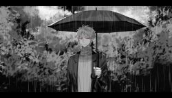 Rule 34 | 1boy, chinese commentary, closed mouth, commentary request, holding, holding umbrella, jacket, letterboxed, male focus, open clothes, open jacket, outdoors, rain, red eyes, ribbed sweater, saibou shinkyoku, sakuraihum, short hair, smile, solo, spot color, suit jacket, sweater, turtleneck, turtleneck sweater, umbrella, upper body