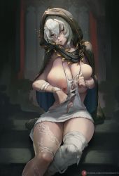 Rule 34 | 1girl, bandaged arm, bandaged leg, bandages, bracelet, breasts, cleavage, cloak, code vein, cutesexyrobutts, eyelashes, hair between eyes, highres, hood, hood up, indoors, io (code vein), jewelry, large breasts, looking at viewer, navel, necklace, nipples, parted lips, short hair, sidelocks, silver hair, sitting, solo, thighs, torn clothes, yellow eyes