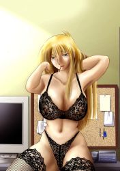 Rule 34 | 1girl, adjusting hair, black bra, black panties, black thighhighs, blonde hair, blue eyes, bra, breasts, bulletin board, cleavage, computer, desk, female focus, fishnet thighhighs, fishnets, highleg, highleg panties, huge breasts, indoors, key, charm (object), lace, lace-trimmed legwear, lace bra, lace panties, lace trim, large breasts, lingerie, lipstick, long hair, makeup, monitor, mouth hold, navel, nipples, non-web source, on desk, panties, phone, red lips, see-through, sitting, solo, thighhighs, tsuya-tsuya, underwear, underwear only