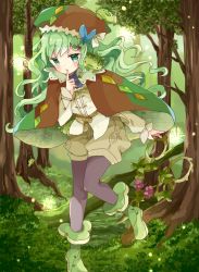 Rule 34 | 1girl, bad id, bad pixiv id, black pantyhose, blush, boots, brown cape, brown hat, cape, closed mouth, commentary request, copyright request, creature, day, finger to mouth, flower, forest, green cape, green eyes, green footwear, green hair, green hat, green shorts, hat, highres, long hair, long sleeves, multicolored cape, multicolored clothes, multicolored hat, nature, on head, outdoors, pantyhose, puffy shorts, purple flower, scissors, shirt, short shorts, shorts, solo, standing, standing on one leg, tree, tsukiyo (skymint), very long hair, white shirt