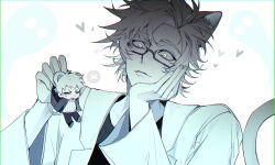 Rule 34 | 2boys, anger vein, animal ears, atou haruki, cat boy, cat ears, cat tail, chinese commentary, chromatic aberration, closed eyes, collarbone, commentary request, film grain, glasses, heart, highres, jacket, jian 1016, kanou aogu, kemonomimi mode, long sleeves, male focus, mini person, miniboy, monochrome, mouse boy, mouse ears, mouse tail, multiple boys, open clothes, open jacket, open mouth, pants, saibou shinkyoku, shirt, spoken x, sweater, tail, turtleneck, turtleneck sweater