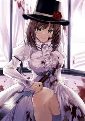 Rule 34 | 1girl, blood, blood on clothes, blood on face, braid, breasts, brown hair, charlotte corday (fate), dress, fate/grand order, fate (series), flower, green eyes, hat, hat flower, highres, holding, holding weapon, knife, large breasts, long sleeves, looking at viewer, shong, smile, weapon