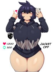 Rule 34 | 1girl, blue hair, blue hoodie, breasts, brown eyes, character request, copyright request, heart, highres, hood, hoodie, huge breasts, igxxiii, purple hair, source request, tagme, thick thighs, thighhighs, thighs, thumbs up, wide hips