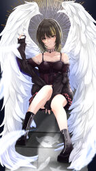 Rule 34 | 1girl, arm up, bare shoulders, between legs, black choker, black footwear, black hair, black jacket, blonde hair, blurry, blurry foreground, boots, bra strap, breasts, brown shirt, choker, collarbone, dot nose, fake wings, falling feathers, feathered wings, feathers, frilled shirt, frills, full body, hand between legs, highres, idolmaster, idolmaster shiny colors, ikaruga luca, jacket, long sleeves, looking at viewer, medium hair, midriff peek, multicolored hair, nagmilk, off-shoulder shirt, off shoulder, open mouth, pink skirt, shirt, sitting, sitting on object, skirt, small breasts, solo, strap slip, streaked hair, two-tone hair, wings, yellow eyes, zipper, zipper footwear, zipper pull tab
