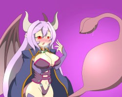 Rule 34 | 1boy, 1girl, alma elma, blue eyes, blush, breasts, demon girl, demon wings, horns, inside creature, large breasts, licking lips, long hair, luka (mon-musu quest!), moaning, mon-musu quest!, open mouth, pointy ears, purple hair, red eyes, revealing clothes, smile, stomach, stomach bulge, tail, tail vore, tattoo, tears, thong, tongue, tongue out, very long hair, vore, wide hips, wings