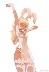 Rule 34 | 1girl, animal ears, arm up, babydoll, blonde hair, bra, breasts, choker, closed eyes, closed mouth, commentary, cowboy shot, dark-skinned female, dark skin, detached sleeves, eyelashes, final fantasy, final fantasy xiv, fishnet thighhighs, fishnets, groin, hand on own cheek, hand on own face, hand up, highres, long hair, navel, panties, ponytail, rabbit ears, rabbit girl, see-through, short sleeves, sidelocks, simple background, skin tight, small breasts, solo, stretching, thighhighs, underwear, viera, warrior of light (ff14), white background, white bra, white panties, white thighhighs, xiang wan wei wan