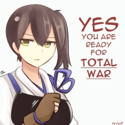 Rule 34 | 10s, 1girl, artist name, brown hair, english text, expressionless, gloves, kaga (kancolle), kantai collection, muneate, partially fingerless gloves, rexlent, side ponytail, solo, upper body, yellow eyes