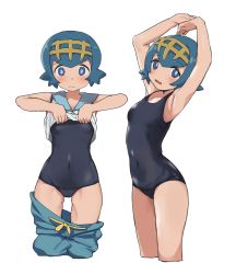Rule 34 | armpits, arms up, blue eyes, blue hair, blush, clothes lift, clothes pull, covered navel, cowboy shot, creatures (company), game freak, hairband, highres, lana (pokemon), lifted by self, looking at viewer, multiple views, niizuka (c-drop), nintendo, one-piece swimsuit, open mouth, pokemon, pokemon sm, shirt lift, short hair, shorts, shorts pull, simple background, swimsuit, swimsuit under clothes, trial captain, wavy mouth, white background