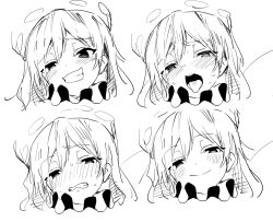 Rule 34 | 1girl, bad id, bad twitter id, blush, clenched teeth, clownpiece, commentary request, expressions, fairy wings, greyscale, grin, hair between eyes, half-closed eyes, head tilt, long hair, manarou, monochrome, multiple views, neck ruff, nose blush, open mouth, polka dot, polka dot headwear, simple background, sketch, smile, sweat, teeth, tongue, tongue out, touhou, white background, wings