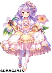 Rule 34 | 1girl, bead necklace, beads, bow, dress, flower, flower knight girl, footwear bow, frills, full body, gauntlets, hair bow, jewelry, layered dress, lolita fashion, long hair, looking at viewer, mask, name connection, necklace, object namesake, official art, pantyhose, pink bow, plumeria (flower knight girl), purple hair, shoes, shouni (sato3), skirt hold, smile, solo, standing, white pantyhose, yellow eyes