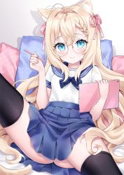 Rule 34 | 1girl, ahoge, animal ear fluff, animal ears, black thighhighs, blonde hair, blue bow, blue eyes, blue sailor collar, blue skirt, blush, bow, cat ears, cat girl, cat tail, closed mouth, commentary, english commentary, gloves, hair between eyes, hair intakes, hair ribbon, hands up, highres, holding, holding pen, long hair, looking at viewer, nami (nyaa), original, pen, pillow, pink ribbon, pleated skirt, ribbon, round eyewear, sailor collar, school uniform, serafuku, shirt, short sleeves, sitting, skirt, smile, solo, spread legs, tablet pc, tail, thighhighs, very long hair, white shirt