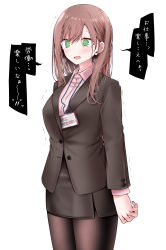 Rule 34 | 1girl, @ @, black jacket, black pantyhose, black skirt, brown hair, business suit, collared shirt, commentary request, cowboy shot, formal, green eyes, gusset, hair between eyes, hair in own mouth, highres, jacket, long hair, looking afar, office lady, ol-chan (oouso), oouso, open mouth, original, pantyhose, pencil skirt, pink shirt, shirt, sidelocks, skirt, solo, stress, suit, sweat, tearing up, tears, translation request, trembling, white background