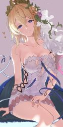 Rule 34 | 1girl, absurdres, aiu eo, bad id, bad twitter id, bare shoulders, blonde hair, blue cape, blue eyes, blue ribbon, breasts, cape, cleavage, collarbone, dress, europa (granblue fantasy), flower, hair between eyes, hair flower, hair ornament, highres, large breasts, looking at viewer, open mouth, ribbon, short hair, smile, solo, white dress