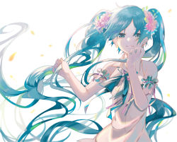 Rule 34 | 1girl, absurdly long hair, arm strap, blue eyes, blue hair, earrings, flower, hair flower, hair ornament, hand in own hair, hatsune miku, holding, holding own hair, jewelry, long hair, looking at viewer, petals, pink flower, pink ribbon, ribbon, shirt, simple background, sleeveless, sleeveless shirt, smile, solo, standing, tatsumi3, twintails, upper body, very long hair, vocaloid, white background, white shirt