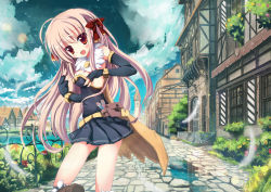 Rule 34 | 1girl, :d, alchemist (ragnarok online), bad id, bad pixiv id, blush, breasts, building, cape, city, cityscape, cloud, day, detached sleeves, feathers, fence, fingerless gloves, flower, gloves, hair ribbon, large breasts, long hair, open mouth, path, pink hair, puddle, ragnarok online, red eyes, ribbon, river, road, sideboob, skirt, sky, smile, solo, ura (ur wave), uraran, very long hair, watch, wristwatch
