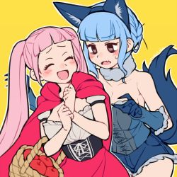 Rule 34 | 2girls, :d, alternate costume, animal ears, apple, artist name, bare shoulders, basket, blue gloves, blue hair, blunt bangs, blush, breasts, brown eyes, cleavage, closed eyes, cosplay, do m kaeru, dress, fake animal ears, fang, female focus, fire emblem, fire emblem: three houses, food, fruit, gloves, hilda valentine goneril, little red riding hood, little red riding hood (grimm), little red riding hood (grimm) (cosplay), long hair, looking at another, marianne von edmund, medium breasts, multiple girls, nintendo, open mouth, pink hair, simple background, smile, strapless, tail, twintails, wolf ears, wolf tail, yellow background