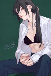 Rule 34 | 1girl, alternate costume, alternate hairstyle, bikini, bikini top only, black bikini, black hair, breasts, collarbone, commentary request, dated, hair between eyes, hair over shoulder, highres, kantai collection, long hair, long sleeves, looking at viewer, medium breasts, nagato (kancolle), open clothes, open shirt, own hands together, pants, ponytail, reflection, shirt, shishanmo, signature, sitting, solo, swimsuit, white shirt