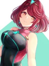 Rule 34 | 1girl, bare arms, bare shoulders, breasts, chest jewel, competition swimsuit, earrings, female focus, jewelry, large breasts, leonmandala, looking at viewer, medium hair, one-piece swimsuit, orange eyes, pyra (pro swimmer) (xenoblade), pyra (xenoblade), red hair, smile, solo, swept bangs, swimsuit, upper body, xenoblade chronicles (series), xenoblade chronicles 2