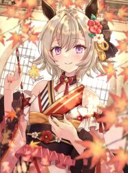 Rule 34 | 1girl, animal ears, artist name, autumn leaves, bare shoulders, black bow, blush, bow, bowtie, brown hair, clothing request, curren chan (umamusume), detached sleeves, dutch angle, flower, hair bow, hair flower, hair ornament, hand up, highres, holding, holding brush, horse ears, horse girl, indoors, looking at viewer, nozomi fuuten, pink eyes, red bow, red bowtie, red flower, shirt, short hair, smile, solo, umamusume, upper body, white flower, white shirt