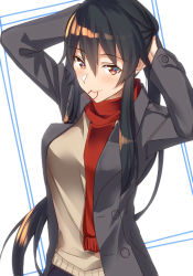 Rule 34 | 1girl, bad id, bad pixiv id, black hair, black jacket, blush, breasts, grey shirt, hair between eyes, hair tie, holding, holding own hair, jacket, kantai collection, large breasts, long hair, looking at viewer, mouth hold, open clothes, open jacket, pallad, ponytail, red eyes, red scarf, scarf, shirt, sidelocks, simple background, smile, solo, tying hair, upper body, very long hair, white background, yahagi (kancolle)