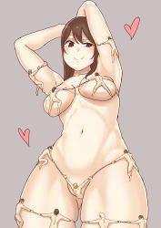 Rule 34 | 1girl, 6+boys, bikini, breasts, brown eyes, brown hair, convenient censoring, from above, giant, giantess, grey background, heart, highres, human bikini, human clothes, looking down, medium breasts, midriff, multiple boys, navel, nude, simple background, size difference, smile, swimsuit, upper body, uru (uru0000)