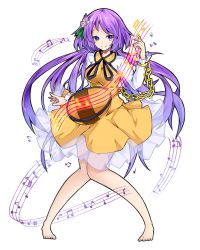 Rule 34 | 1girl, barefoot, chain, flower, full body, hair flower, hair ornament, highres, instrument, ishimu, long hair, lute (instrument), purple eyes, purple hair, simple background, smile, solo, standing, touhou, tsukumo benben, twintails, very long hair, white background