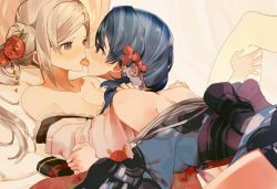 Rule 34 | 2girls, bad id, bad twitter id, bare shoulders, blue eyes, blush, breasts, byleth (female) (fire emblem), byleth (fire emblem), cou, edelgard von hresvelg, fire emblem, fire emblem: three houses, flower, highres, japanese clothes, kimono, long hair, looking at another, meunhongcha, multiple girls, nintendo, open mouth, saliva, short hair, side ponytail, smile, tongue, tongue out, white hair, yuri