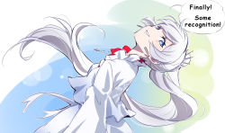Rule 34 | 1girl, bare back, blue eyes, company connection, dress, head tilt, iesupa, long hair, looking back, ponytail, rwby, scar, scar across eye, scar on face, shaft look, smile, strapless, strapless dress, weiss schnee, white dress, white hair