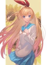 Rule 34 | 1girl, blonde hair, blue eyes, blue sailor collar, blue skirt, breasts, closed mouth, collarbone, commentary request, cowboy shot, floating hair, flower, hair ribbon, highres, kirisaki chitoge, long hair, long sleeves, looking at viewer, makitoshi0316, miniskirt, nisekoi, pleated skirt, ribbon, sailor collar, school uniform, serafuku, shirt, skirt, small breasts, smile, solo, standing, striped, sunflower, very long hair, white shirt