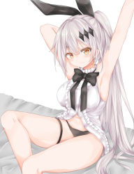 Rule 34 | 1girl, absurdres, armpits, arms up, bed, blush, breasts, earrings, five-seven (girls&#039; frontline), girls&#039; frontline, hair ornament, hair ribbon, highres, jewelry, large breasts, long hair, looking at viewer, navel, panties, ponytail, ribbon, silver hair, smile, solo, underwear, very long hair, yellow eyes