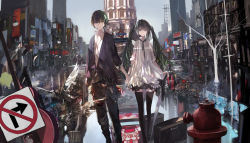Rule 34 | 1boy, 1girl, cityscape, day, green eyes, green hair, holding hands, hatsune miku, hetero, highres, lin+, outdoors, reflection, road sign, sign, skirt, sky, thighhighs, twintails, vocaloid, zettai ryouiki