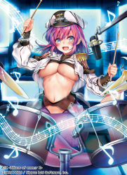 Rule 34 | 1girl, :d, blue eyes, blue hair, breasts, copyright name, cropped jacket, drum, drum set, drumsticks, epaulettes, gradient hair, hat, indoors, instrument, jacket, large breasts, long hair, long sleeves, mermaid, microphone, military jacket, monster girl, multicolored hair, music, musical note, navel, obiwan, official art, on floor, open mouth, peaked cap, pink hair, playing instrument, puffy long sleeves, puffy sleeves, quaver, screen, see-through, short hair, sitting, smile, solo, stomach, tareme, transparent, underboob, white hat, white jacket, z/x