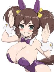Rule 34 | 1girl, animal ears, bow, bowtie, breasts, brown hair, cleavage, clenched teeth, detached collar, ear covers, fang, green eyes, horse ears, horse girl, horse tail, inari one (umamusume), large breasts, leotard, long hair, nontraditional playboy bunny, pataneet, purple bow, purple bowtie, purple leotard, rabbit pose, simple background, solo, strapless, strapless leotard, tail, teeth, twintails, umamusume, white background, wrist cuffs