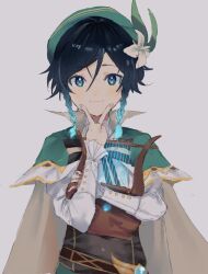 Rule 34 | 1boy, androgynous, aqua hair, beret, black hair, blue eyes, blue hair, blush, braid, cape, closed mouth, flower, genshin impact, gradient hair, green hat, grey background, hat, holding, holding instrument, instrument, long sleeves, looking at viewer, lyre, male focus, multicolored hair, pinch (nesume), simple background, solo, twin braids, upper body, venti (genshin impact), white flower