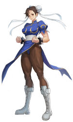 Rule 34 | 1girl, absurdres, blue dress, boots, bracelet, breasts, brown eyes, brown hair, bun cover, capcom, china dress, chinese clothes, chun-li, clenched hand, commentary request, double bun, dress, earrings, full body, hair bun, highres, jewelry, looking at viewer, pantyhose, pelvic curtain, puffy short sleeves, puffy sleeves, sash, short sleeves, side slit, solo, spiked bracelet, spikes, standing, street fighter, street fighter ii (series), taejoo lee, thick thighs, thighs