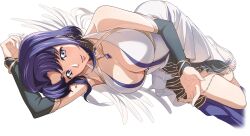 Rule 34 | 1girl, arm up, artist request, bangle, bare shoulders, beckoning, black sleeves, blue eyes, blue gemstone, blue hair, blush, bracelet, breasts, brooch, cecile croomy, cleavage, code geass, code geass: lost stories, collarbone, detached sleeves, dress, dutch angle, earrings, female focus, full body, game cg, gem, gold trim, happy, jewelry, large breasts, light blush, long dress, looking at viewer, lying, non-web source, official art, on side, open mouth, sandals, short hair, sidelocks, simple background, sleeveless, sleeveless dress, smile, solo, transparent background, white dress, white footwear